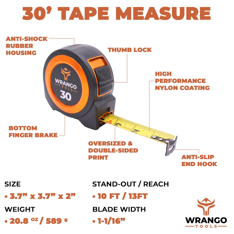 Wrango Tools 30 FT Tape Measure - Retractable Measuring Tape - Oversized & Double-Sided Print - Blade Lock, Finger Brake - High Performance Nylon Coating, 10' Stand-Out - 13' Reach / 1-1/16" Blade Single