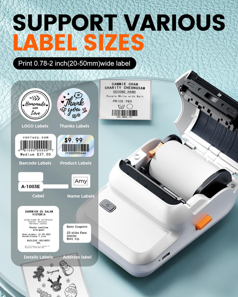 Ponek Label Maker, M100 Address Label Printer, Versatile App with 4000 Icons and 300 Templates, Barcode Bluetooth Label Printer for Small Business, Home, Office, School Organization, White 1 Printer+1 Roll Labels