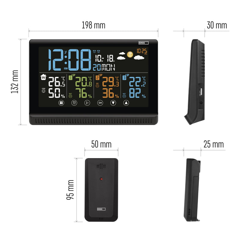 [Australia - AusPower] - EMOS - Wireless Weather Station with 3 Outdoor Sensors and USB Port - Thermometer, Hygrometer, Barometer, Forecast, Memory - Radio-Controlled Clock with Alarm Clock, Calendar, Comfort Display - Stand E8614 