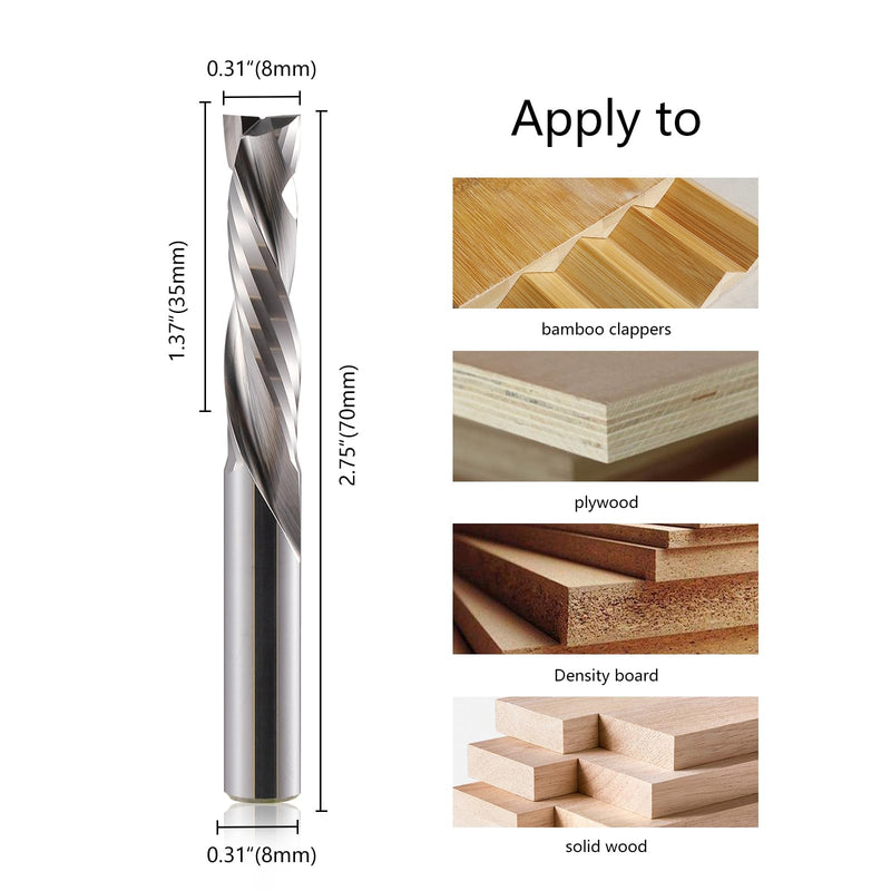 [Australia - AusPower] - 8 mm Shank Compression CNC Milling Cutter End Mill 2 Pieces 2 Flute Spiral Groove Cutter 35 mm Cutting Length Up & Down Cut Spiral Cutter Bit Solid Carbide End Mill Groove Cutter for Wood, Density 8x35x70mm 