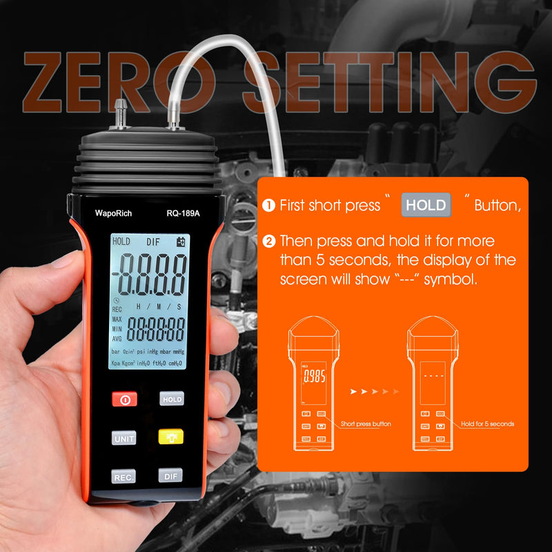 [Australia - AusPower] - WapoRich Pressure Gauge Professional Air Pressure Gauge RQ-189A, Differential Pressure Gauge, Dual Port Pressure Gauge, Gas Pressure Tester with 11 Selectable Units, Backlight 189A (±0.137 bar) 