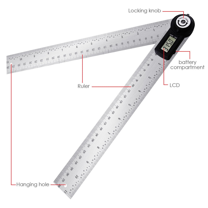 [Australia - AusPower] - Stainless Steel Digital Angle Ruler Gauge Finder Meter Protractor Measure Metric and Imperial Scale for Automobile constructions Boating Woodworking (Stainless Steel Ruler) 