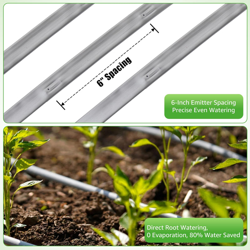 500FT 5/8" Drip Tape Irrigation, 16 Mil Heavy Duty with 6" Emitter Spacing, Silver Reflective Drip Tape Resistant to Pecking & Biting, Heat-Safe for Seedlings, Ideal for Garden Farm Greenhouse Patio 500FT 16MIL