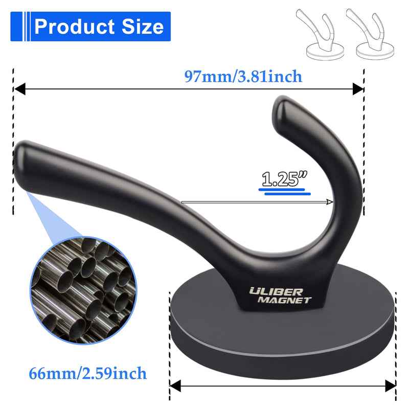 [Australia - AusPower] - ULIBERMAGNET Strong Magnetic Double Hooks, 2 Pack Heavy Duty Sturdy Coat Magnetic Hooks, Rubber Magnets Large Hooks for Coat Robe Towel Key Hat (Black) Black 