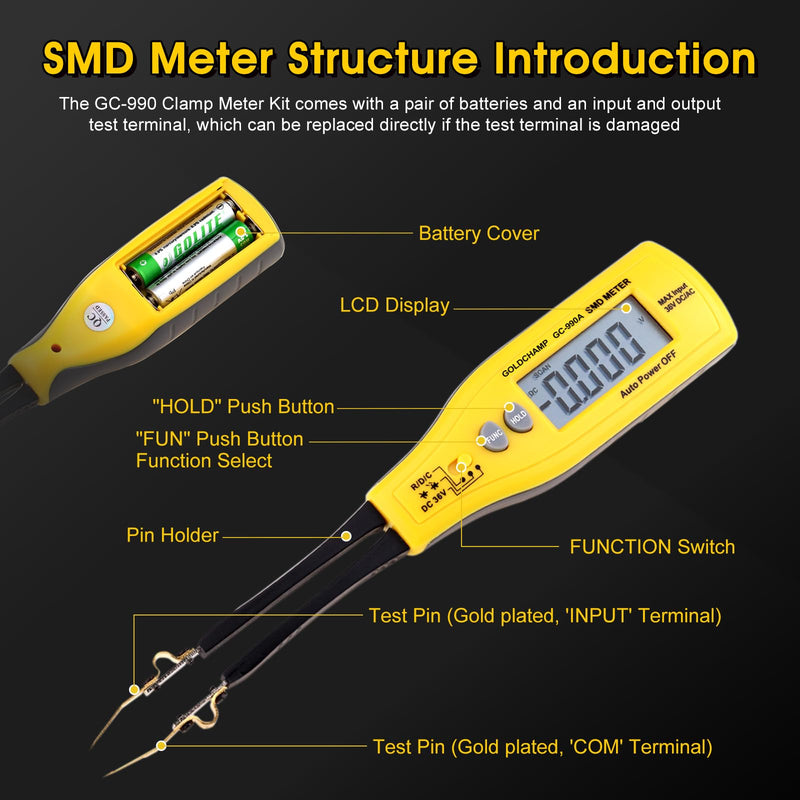[Australia - AusPower] - 990A SMD Tweezer Meter, 3000 Count Multimeter for Resistance/Capacitance/Diode/Continuity Test with Auto-Ranging, LCD Display, LED/Semiconductor Test 