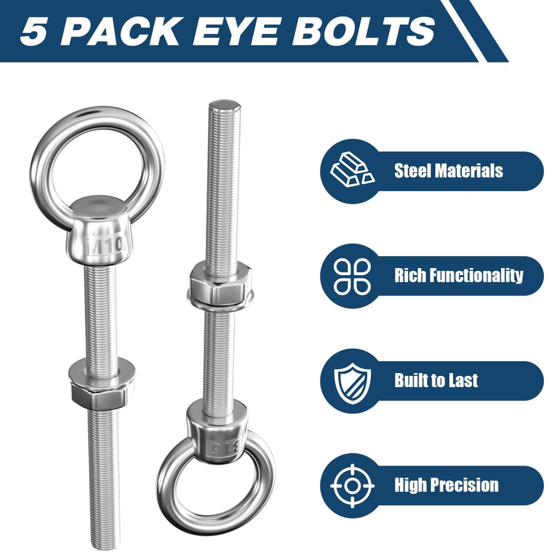 [Australia - AusPower] - 5 Pack Eye Bolt 3/8" x 4" Long, Stainless Steel Welded Extension Bolts Swing Basket Suspension Fittings Mechanical Eye Bolts with Shoulder and NUT for Indoors and Outdoors 