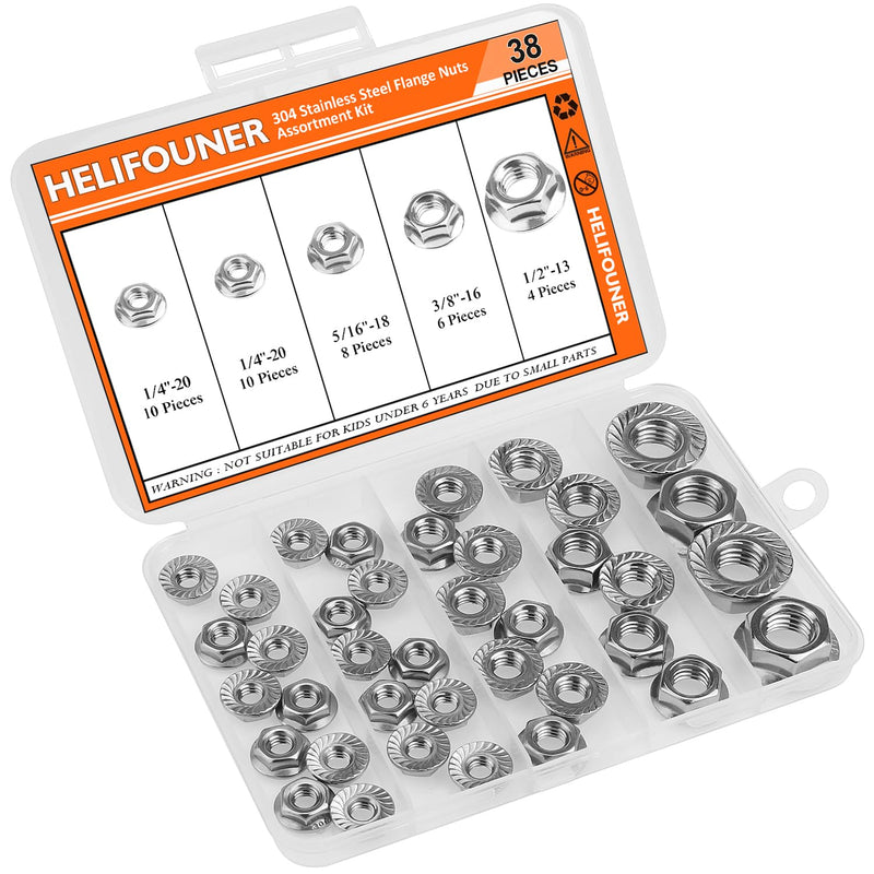[Australia - AusPower] - 38 Pieces 4 Sizes Flange Nuts, Serrated Flange Hex Lock Nuts Assortment Kit, 304 Stainless Steel (1/4"-20 5/16"-18 3/8"-16 1/2"-13) 38 Pieces 4 Sizes 