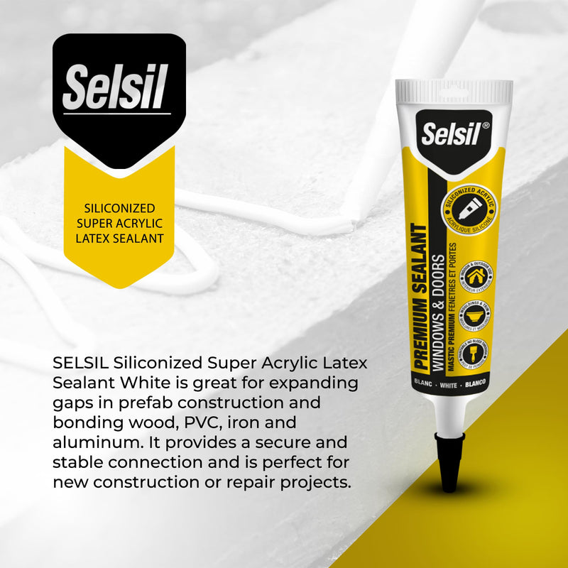[Australia - AusPower] - Selsil Siliconized Super Acrylic Latex Sealant, Indoor & Outdoor Paintable Caulk - Flexible, Weather & Moisture Resistant, White Caulking for Baseboards, Windows, Doors & More - 5.5 oz (160 ml) 