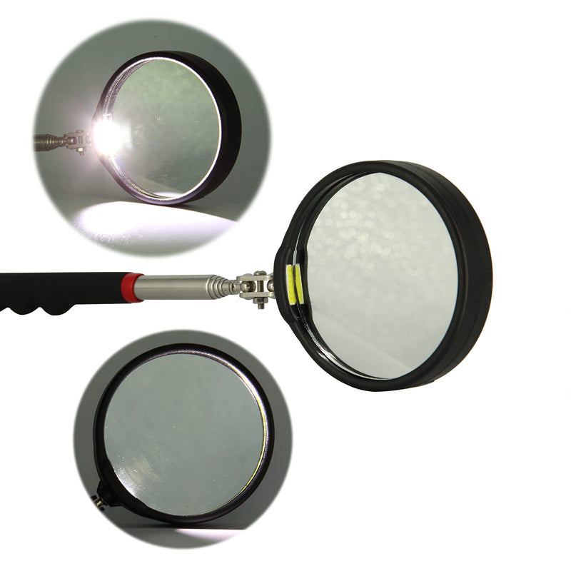 Inspection mirror telescoping with LED Lighted Round Mirror for Checking Vehicle, Observing Eyelashes Mouth and Other Small Parts Extended Mechanic Tool for Automotive and Shower Use mirror on a stick