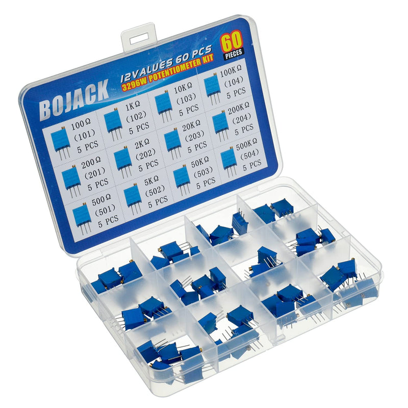 [Australia - AusPower] - BOJACK 12 Values 60 pcs Variable Resistor 100 to 500K ohm 3296W Multiturn Trimmer Potentiometer Assortment Kit 
