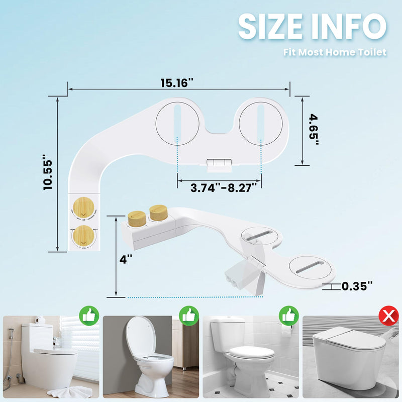Toilet Bidet With Left/Right Side Reversible Design, Fresh Water, Non-Electric, Toilet Bidet Attachment, Right/Left Hand Side with Dual Nozzle, Self-Clean, Easy to Install (Bamboo Knob) Bamboo Knob