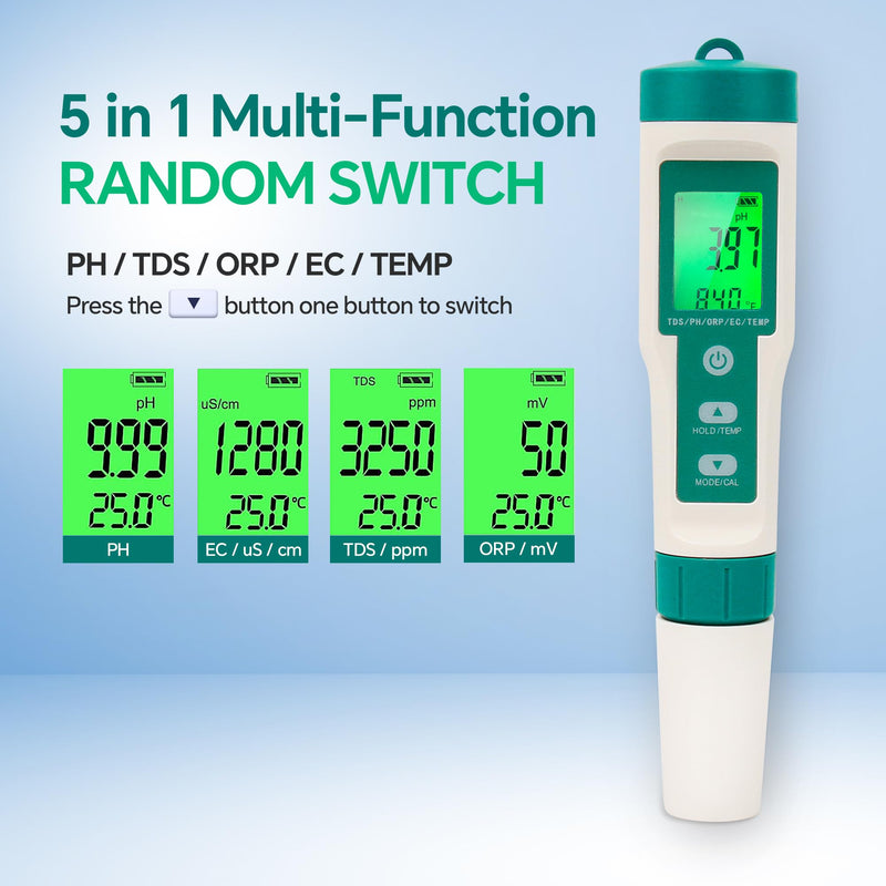 [Australia - AusPower] - 5in1 PH Water Tester, Digital pH Meter for Water, EC and TDS Meter with PH TDS EC ORP Temp Water Quality Tester for Hydroponics Plant Swimming Pool Aquarium Drinking Water Testing Kit PPM EC Tester 5-IN-1 