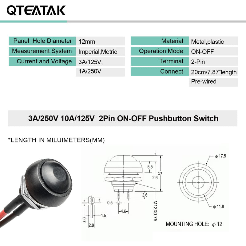 [Australia - AusPower] - QTEATAK 1/2"(12mm) Pre-Wired Mounting Hole On/Off Mini Round Waterproof Momentary Push Button Switch JF-33B -2Pack Black 