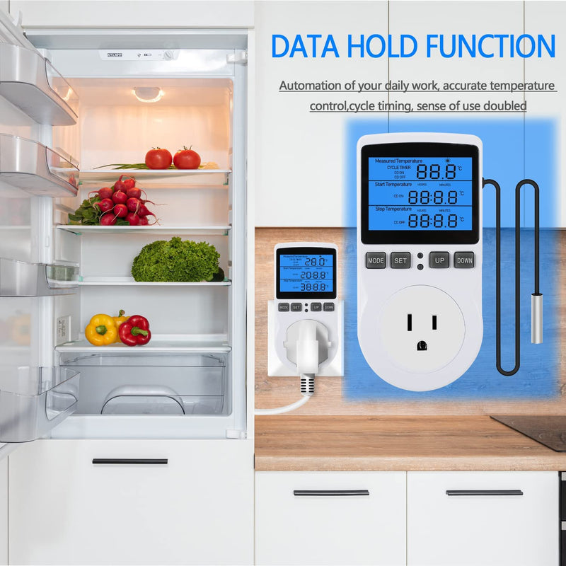 [Australia - AusPower] - Backlit Digital Temperature Controller, LCD Screen Heating Cooling Thermostat Outlet Socket with Sensor Timer Regulator for Reptile Incubator Greenhouse Brewing Refrigerator, 110V, 15A, ?/? 