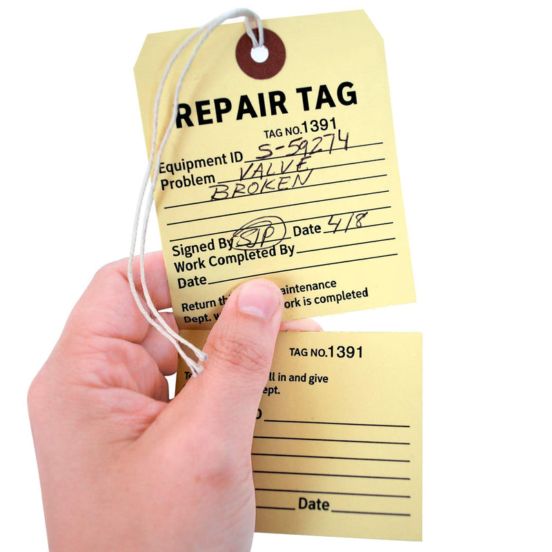 SmartSign Pack of 100 Sequentially Numbered Repair Tags with String | 5 3/4" x 2 7/8" Manila 10pt Cardstock