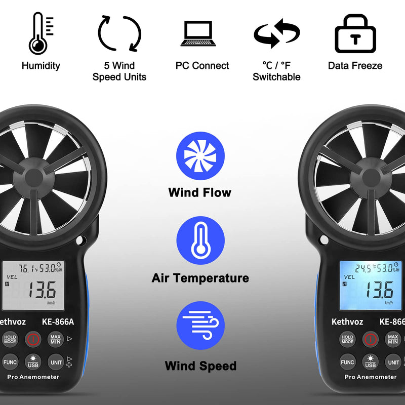 Wind Gauge HVAC Anemometer, Kethvoz Wind Meter CFM Air Flow Tester Wind Speed Meter Measure Air Flow Speed Wind Temperature for Air Vent Dust Collection Drone Shooting KE-866A