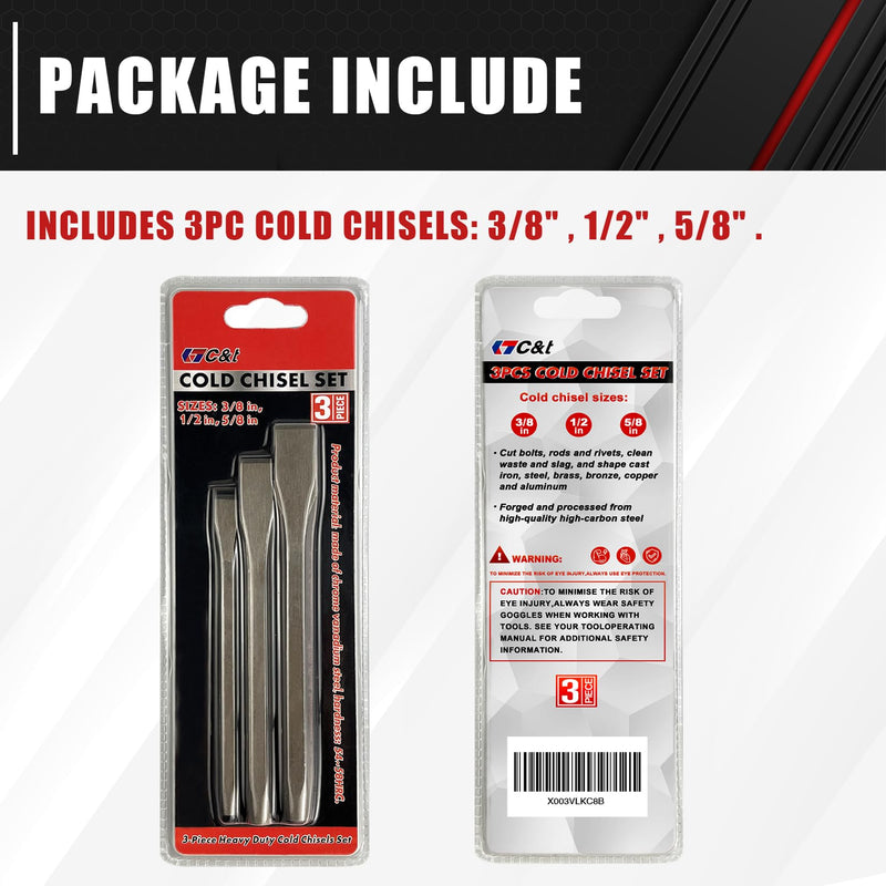 [Australia - AusPower] - C&T 3-Piece Heavy Duty All Purpose Cold Chisels Kit, 3/8, 1/2, 5/8 in, for Carpentry, Metalwork, Woodwork & Masonry work 