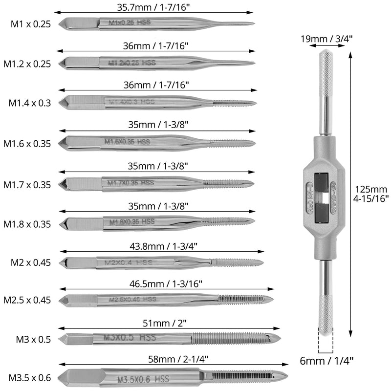 QWORK 11 Pieces Tap Drill Bit Set - HSS Tap M1-M3.5 with Adjustable Tap Wrench - Professional Tap Set for Soft Metals, Wood and Plastic