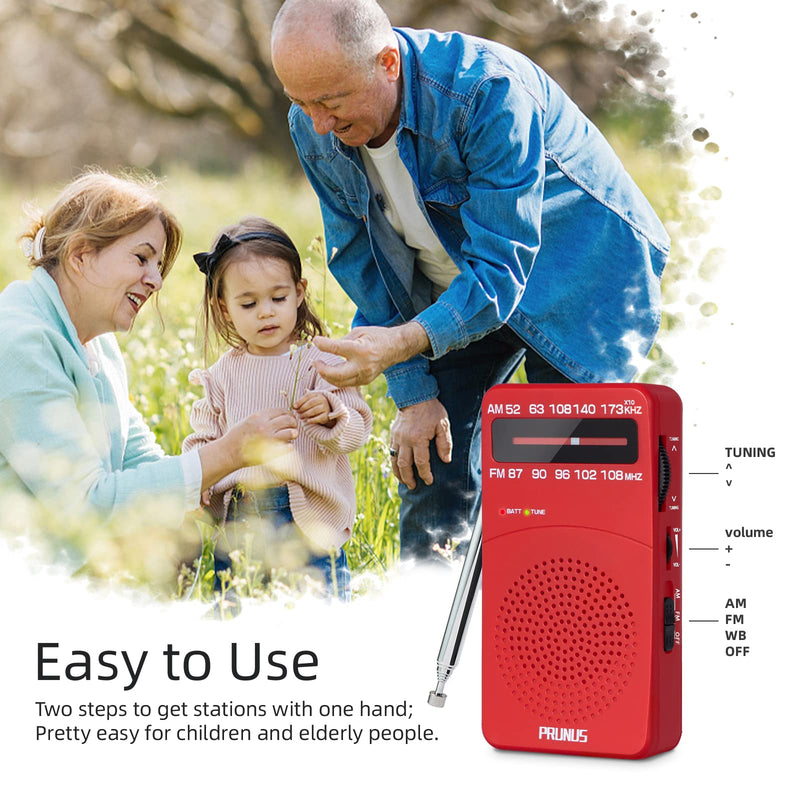 [Australia - AusPower] - PRUNUS J-166 Small Transistor Radio AM FM, Battery Operated Radio with Tuning Light, Back Clip, Excellent Reception for Indoor & Outdoor & Emergency Radio, Small Radio, Portable Radio Red 