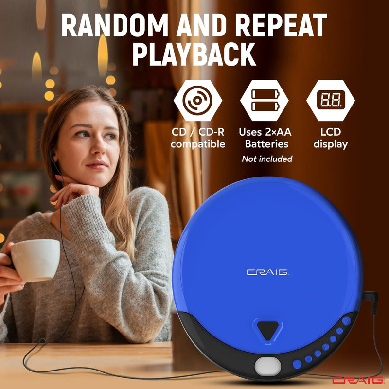 [Australia - AusPower] - Craig CD2808-BL Personal CD Player with Headphones in Blue and Black | Portable and Programmable CD Player | CD/CD-R Compatible | Random and Repeat Playback Modes | 