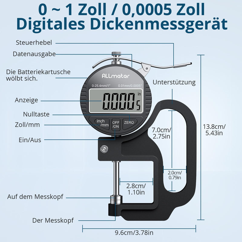 Digital thickness gauge 0-25.4mm, 0.01mm/0.0005'' precision measuring instrument with LCD display for leather, paper, fabric 25.4mm / 0.01mm