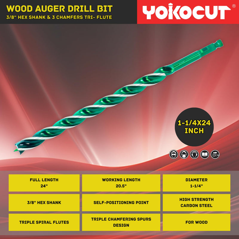 1-1/4" x 24" Auger Drill Bit for Wood, Hex Shank Tri-Flute Drill Bits, Ship Auger Long Drill Bit for Soft and Hard Wood, Plastic, Drywall, Tree Stump and Composite Materials 1-1/4 Inch Length: 24"
