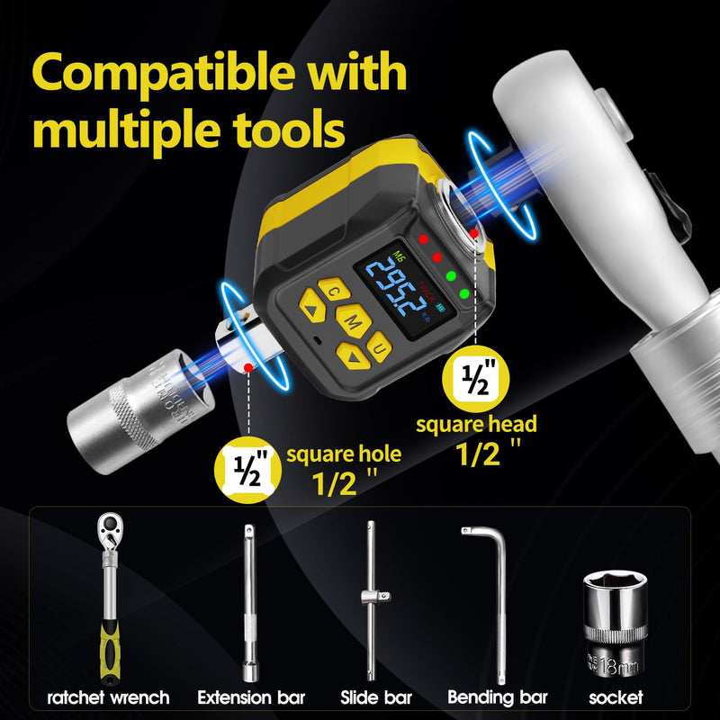 [Australia - AusPower] - 1/2" Digital Torque Adapter Set with Socket Adapters (1/4", 3/8") for Ratchet Wrench, Breaker Bar - 15-295 ft-lb, ±2% Accuracy, Color LCD, Buzzer & LED Alerts - Automotive, Motorcycle & Car 15-295 ft-lb (20-400 Nm) 