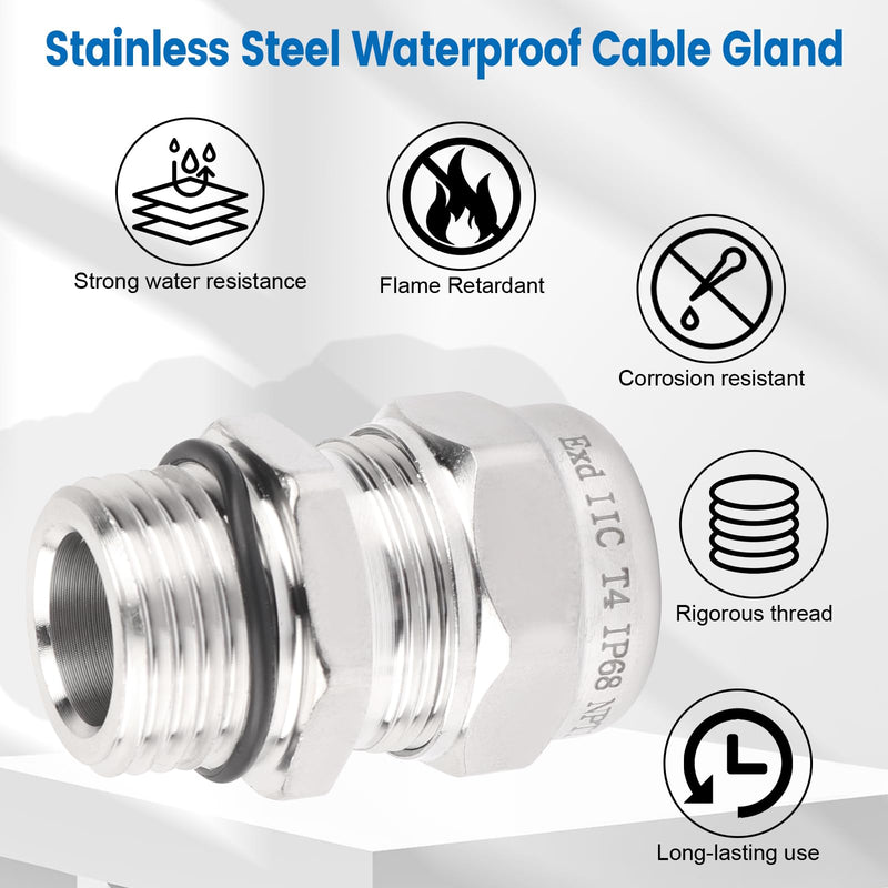 [Australia - AusPower] - 2 Pcs 1/2" NPT Stainless Steel Waterproof Cable Gland, IP68 Waterproof Adjustable Cable Glands, Strain Relief Cord Grip Connectors with Gaskets and Locknut for 6-12mm Cable Diameter 