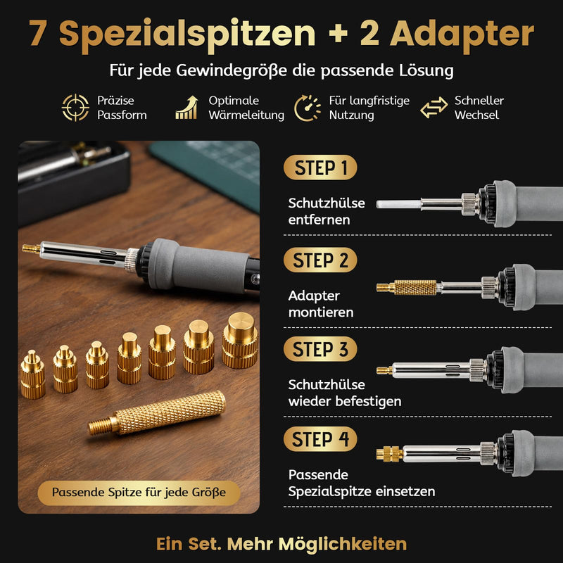 Threaded Inserts M2/M2.5/M3/M4/M5/M6/M8 & Soldering Tips Set 450 | 7 soldering tips and 2 adapters, for melting thread inserts for 3D printing and plastic