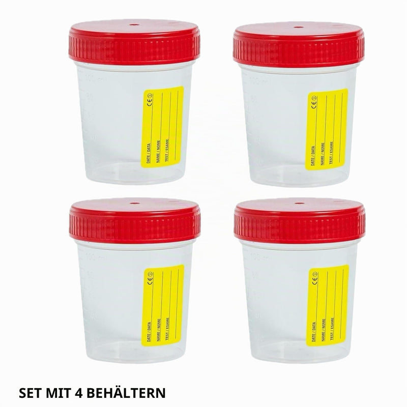 4 Sterile Urine Containers 120 ml with Screw Cap and Label - Urine Cups for Urine Culture Analysis, Hygienic Disposable | 100% Made in Italy