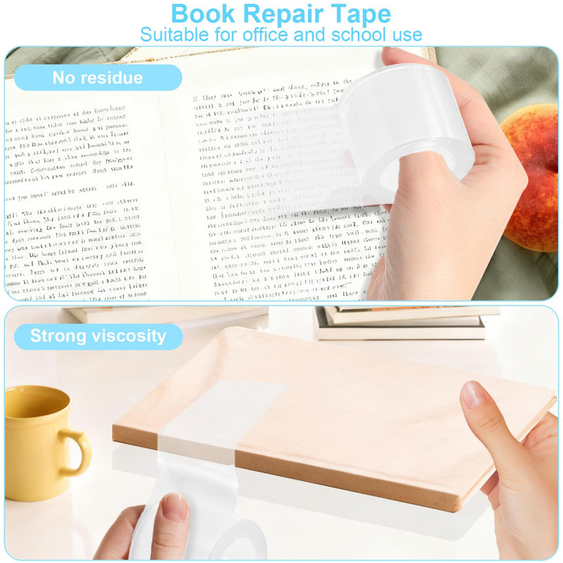 Engorgio Clear Strong Waterproof Adhesive Archival Safe Book Repair Tape 2pcs, 2Inch x 16.5Ft - Removable Book Binding Tape for Old Books, Broken Pages, Textbook Spine & Library Repair Supplies. 2