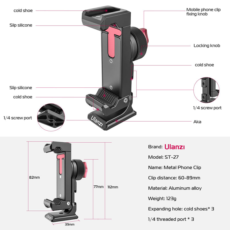 [Australia - AusPower] - PICTRON Metal Phone Tripod Mount 3 Cold Shoes & Arca Port, 360° Smartphone Tripod Adapter for iPhone Samsung Cell Phone Stand Holder for Desktop Tripod Video Live Streaming Vlogging Rig ST-27 