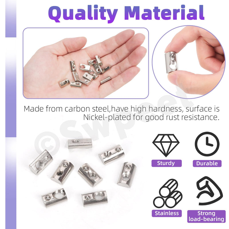 [Australia - AusPower] - Swpeet 48Pcs 2020 Series Carbon Steel Nickel Plated Roll-in Spring T Nut M3 M4 M5 M6 Assortment Kit, T Slot Nuts, Roll Ball Elastic Nuts for 2020 Series Aluminum Extrusion Profile Rail 
