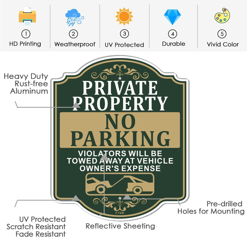Private Property No Parking Violators Will Be Towed Away at Vehicle Owner's Expense Sign 12" x 10" With 35" Long Metal Stakes With Stand Aluminum Outdoor Use Yard Business
