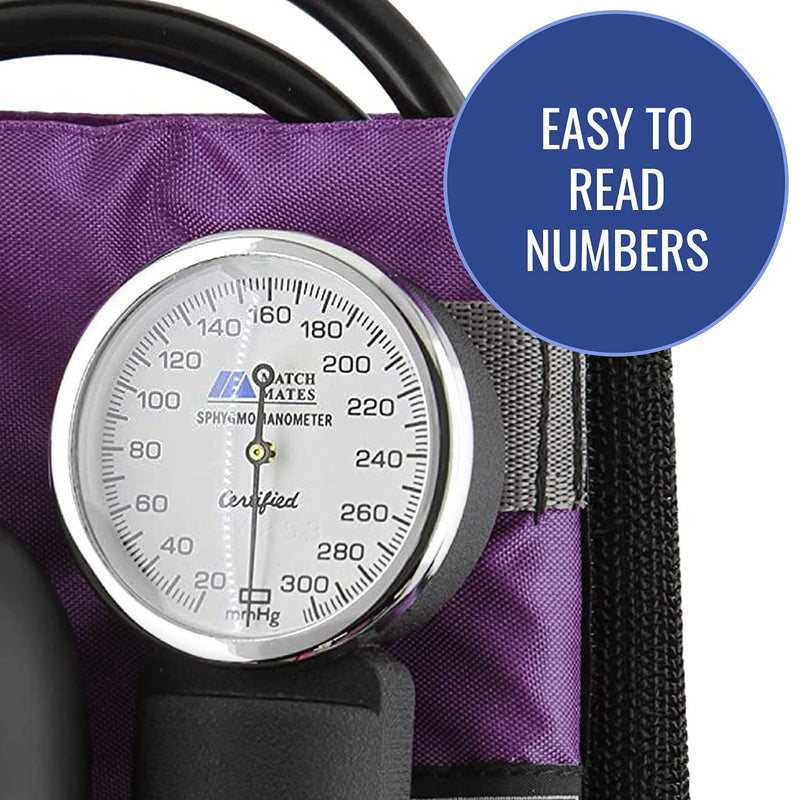MABIS MatchMates Manual Blood Pressure Monitor Kit Aneroid Sphygmomanometer with Calibrated Nylon Cuff and Oversized Carrying Case, Adult, Purple