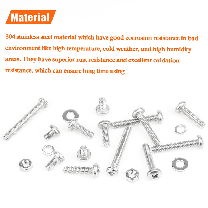 [Australia - AusPower] - 370 Pieces M4 x 6mm /8mm /12mm /16mm /20mm/25mm /30mm, Phillips Pan Head Machine Screws, Metric Screws Bolts Washers Nuts Kit, 304 Stainless Steel 