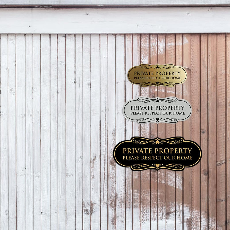 Designer Private Property Please Respect Our Home Sign (Black Gold) - Large 2 Pack 3.5 x 9" - Large (2 Pack) Black Gold