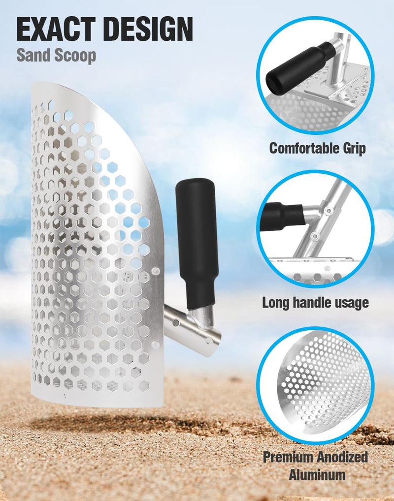 Sand Scoop for Metal Detecting, Heavy Duty Anodized Aluminum Metal Detector Beach Finds Scoop, Metal Detecting Tool Digging Sifting Shovel with 42 inch Handle Silver Sand Scoop + Handle