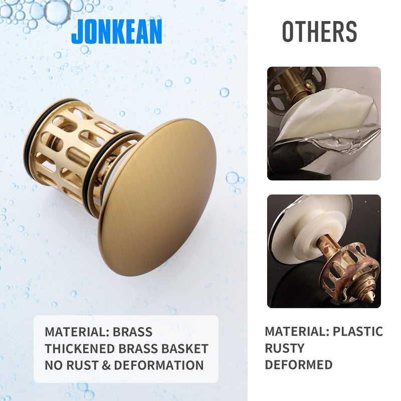 JONKEAN Bathroom Pop Up Drain Without Overflow,Vanity Vessel Sink Drain with Detachable Strainer Basket,Pop Up Drain Stopper Hair Catcher, Built-in Anti-Clogging Strainer(Brushed Gold) NO Overflow Brushed Gold