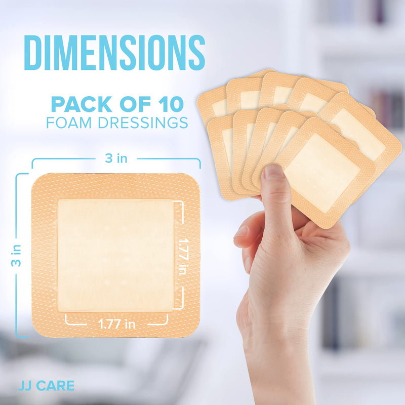 [Australia - AusPower] - JJ CARE Silicone Foam Dressing 3x3 [Pack of 10], Silicone Bandages for Wounds, Waterproof Wound Dressing with Adhesive Border, Absorbent Bed Sore Bandages for Wound Care 3" x 3" (Pack 10) 