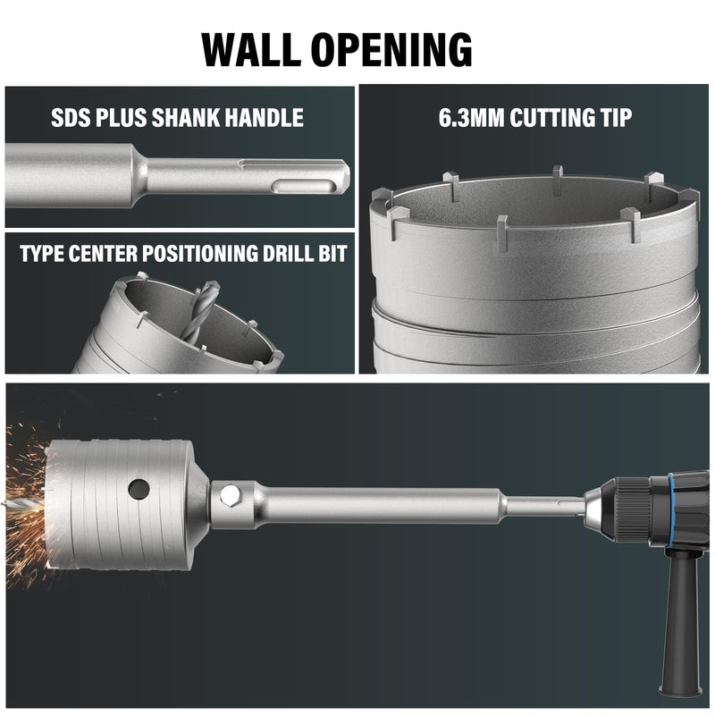 BURMONG Concrete Hole Saw Set with 65/115/150mm Drill Bit and 220mm SDS Plus Connecting Rod, High-Strength Steel Triple-Edged Cutting, Suitable for Drilling Holes in Concrete Brick Stone Wall (65mm) 65mm