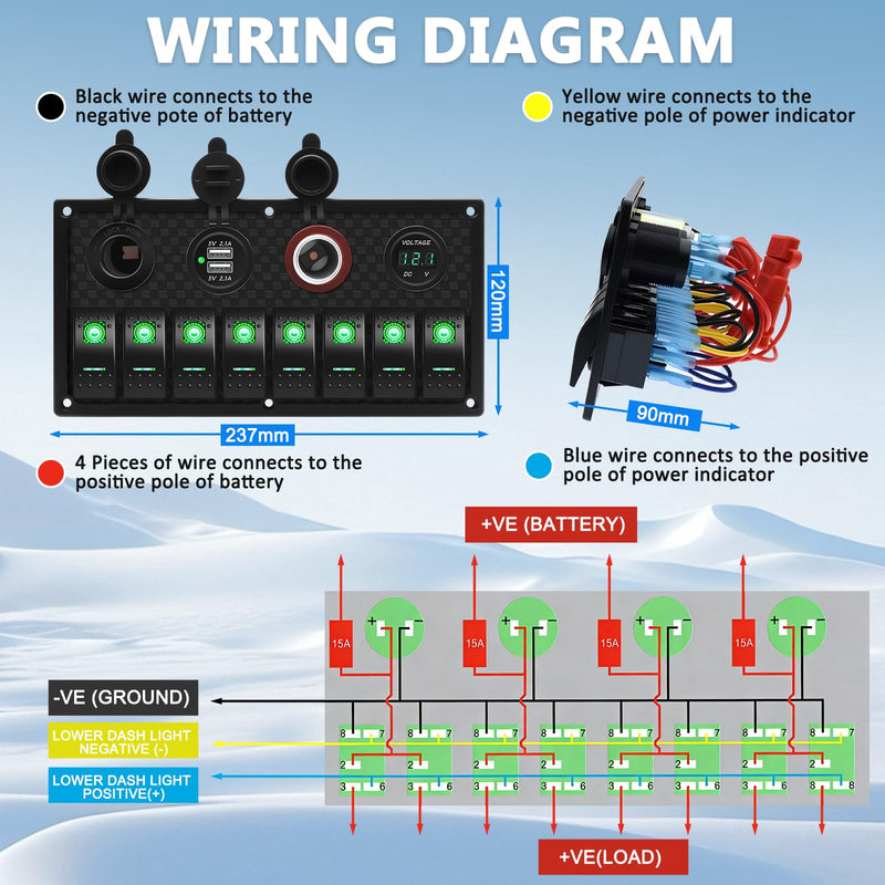 Geloo 8 Gang Marine Rocker Switch Panel, Boat Switch Panel Waterproof, 12V Switch Panel Toggle Switches Panel with LED Circuit Breaker 3.1A USB Charger Voltmeter ON/Off for Car Rvs Vehicles (Green Green