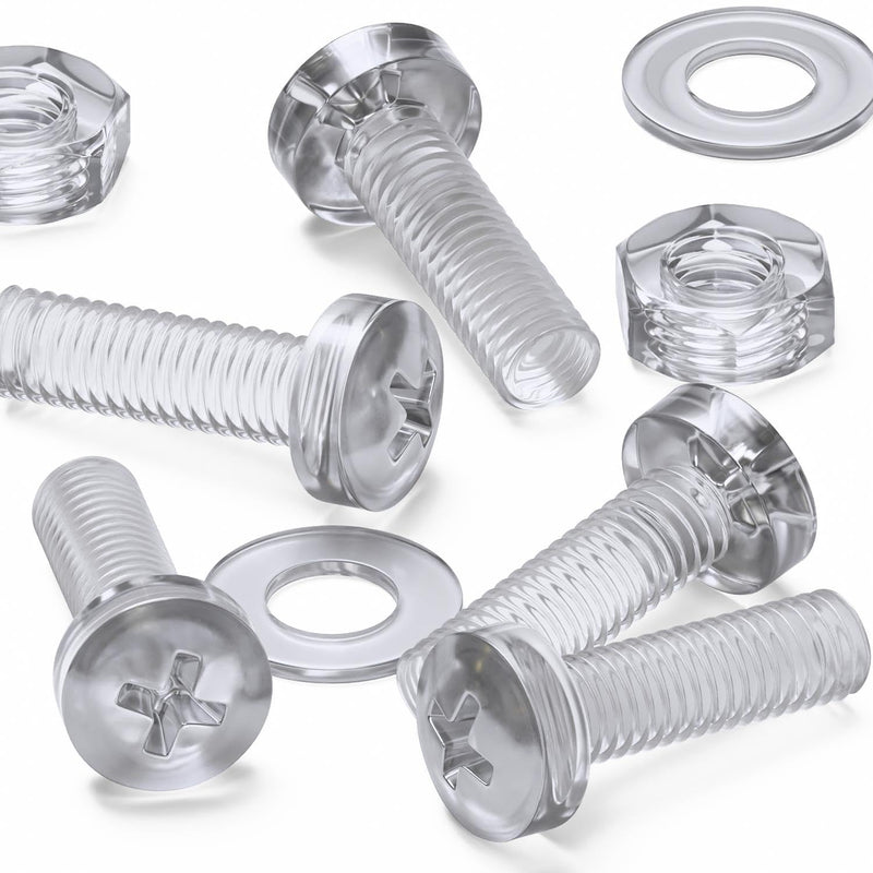[Australia - AusPower] - 60 x Transparent Clear Plastic Acrylic, Pan Head, M3 x 10mm Nuts & Bolts, Washers -Acrylic Plastic Screws, (1/8 x 25/64 in) 