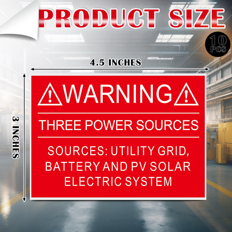 10 PCS Warning Three Power Sources Label - Utility Grid Battery and PV Solar Arc Flash Label - 3" x 4.5" Vinyl Safety Sign for Electrical Industrial Notices