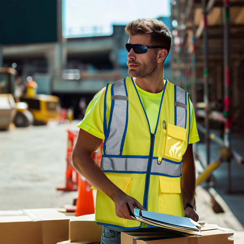 AYKRM High Visibility Safety Vest - Reflective Work Vest with 5 Reinforced Pockets Small Blue