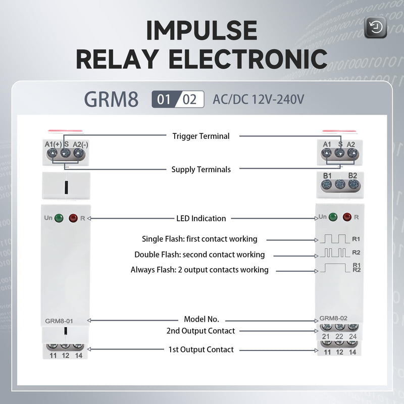 Electronic Impulse Latching Relay, GRM8-01 16A Memory Impulse Relay Wide Range Voltage AC DC 12V to 240V Pulse Relays Din Rail Mounted GRM8-01AC/DC12V~240V