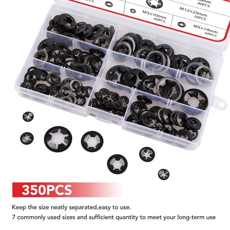 [Australia - AusPower] - 350PCS Internal Tooth Star Lock Washers, Push Nuts Assortment, Press On Retaining Locking Washer Assortment Kit (Black) Black 