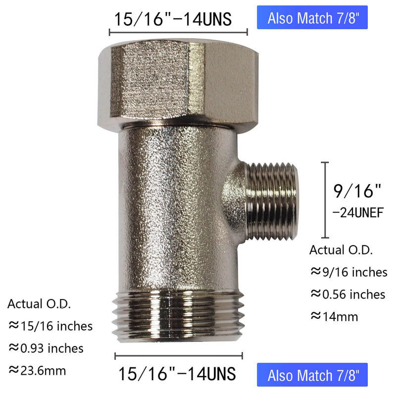 Bidet T Adapter - T Valve for Bidet, 15/16″ x 15/16″ x 9/16″ or 7/8″ x 7/8″ x 3/8″, Brass Coated Nickel, 3 Way Adapter or Tee Connector