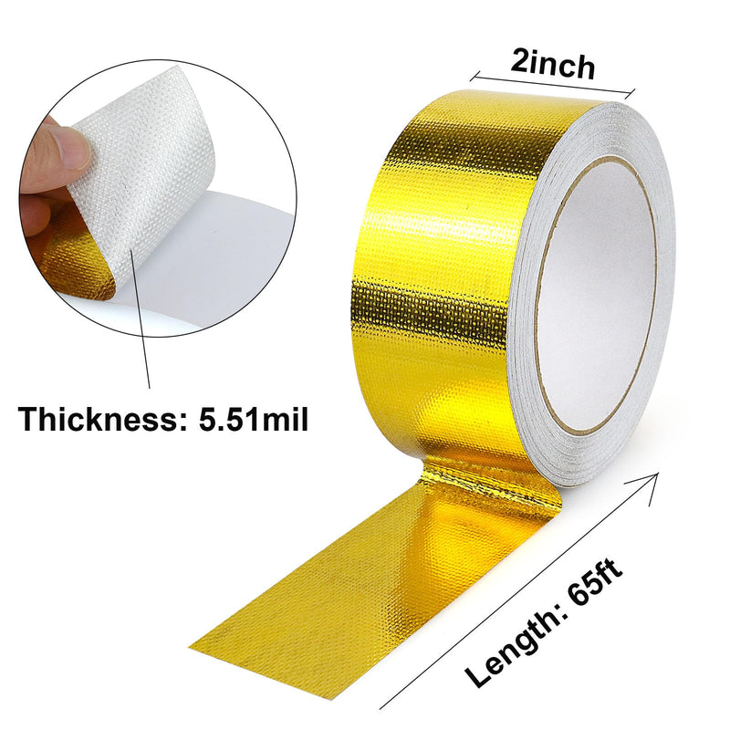 BOMEI PACK Adhesive Gold Aluminum Foil Heat Shield Tape Barrier 2inch x 66ft, Fiberglass Thermal Insulation Reflective Material High Temp Protection,1 Pack