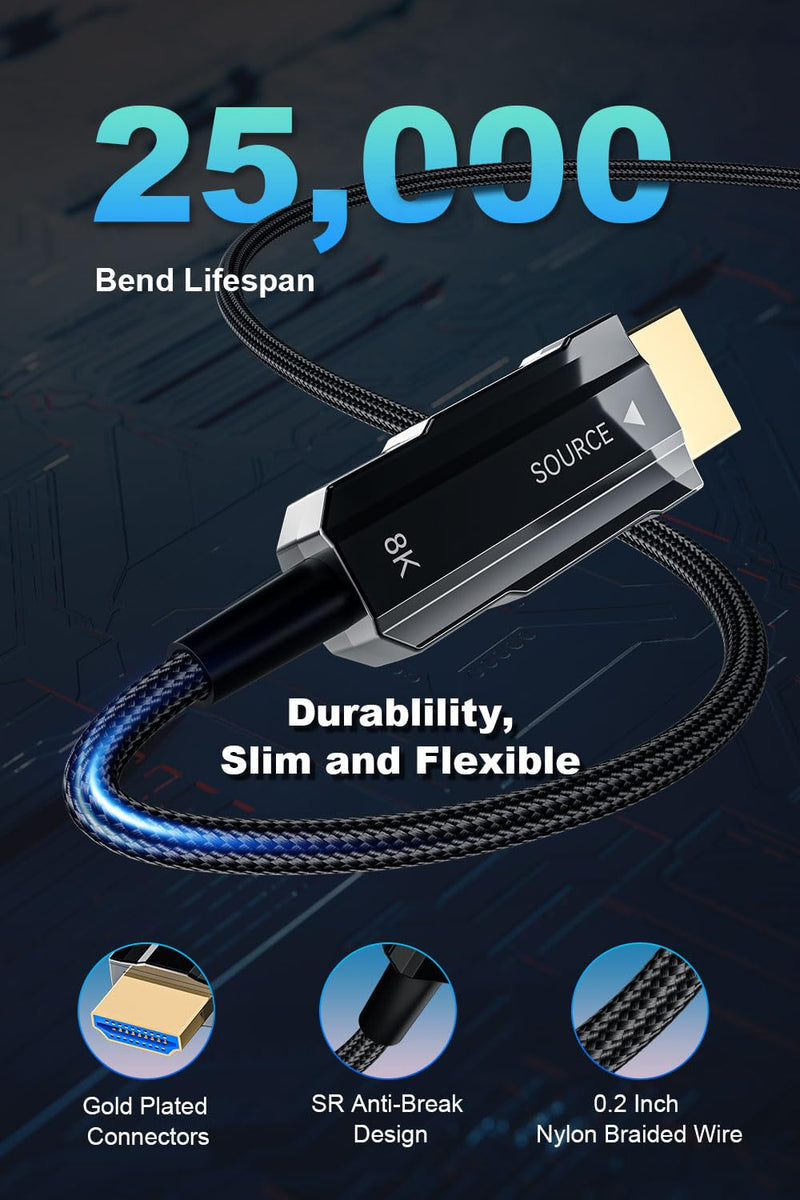 8K Long HDMI 2.1 Cable 50ft, Fiber Optic HDMI Cable Braided Cord, High Speed Active HDMI Cable, 48Gbps, 8K@60Hz 4K@120Hz, Dynamic HDR, eARC, HDCP 2.2&2.3, 3D, for HDTV Monitor Game Laptop Xbox PS4/PS5 50ft (Fiber-Unidirectional)